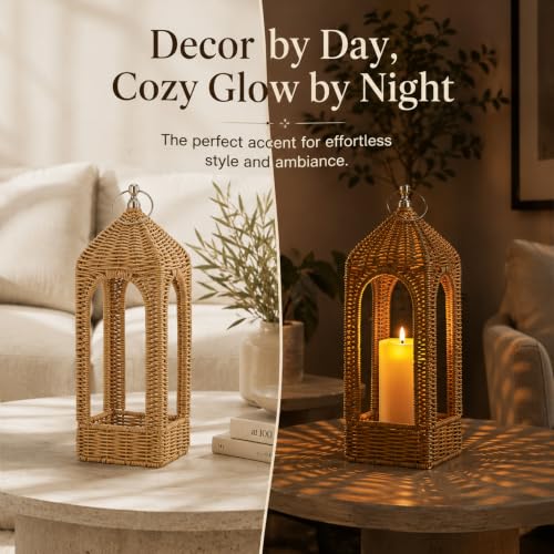 14.5 Inch Natural Rattan Lantern with Flameless LED Candle - Boho Decor
