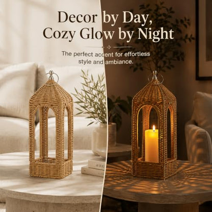 14.5 Inch Natural Rattan Lantern with Flameless LED Candle - Boho Decor