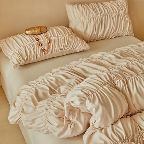 Twin Size Khaki Ruched Duvet Cover - Microfiber Bedding with Elegant Gathered Texture
