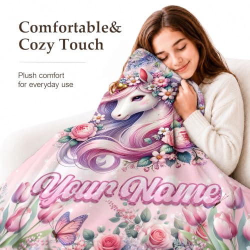Pink Personalized Unicorn Blanket for Girls - Custom Floral & Butterfly Gift