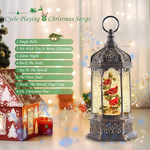 Hexagon Lighted Musical Snow Globe Lantern with Red Cardinals - Indoor Holiday Decor