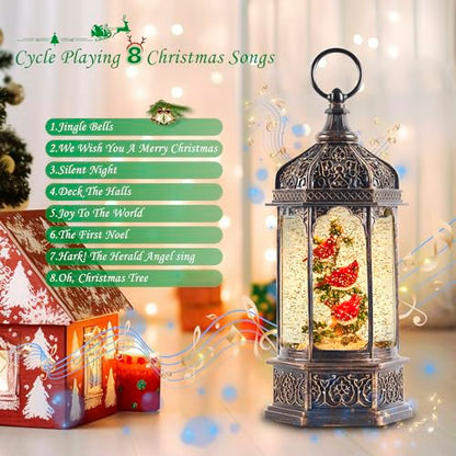 Hexagon Lighted Musical Snow Globe Lantern with Red Cardinals - Indoor Holiday Decor