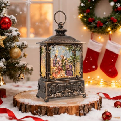 Nativity Snow Globe Lantern Christmas Decor with Music Lighted Scene - Indoor Holiday Ornament