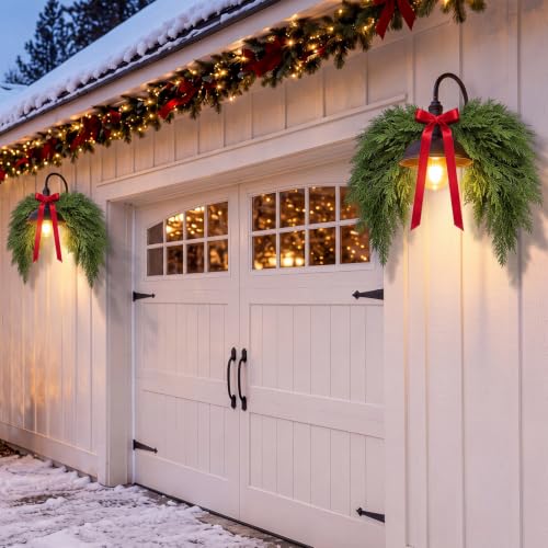 Christmas Cedar Swags Set with Red Bows and Bells - 6 Pcs, 24 Inch