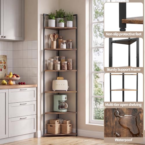71-Inch Tall Corner Shelf with 6 Metal Tiers, Rustic Brown Storage Unit - Variation of THIS listing