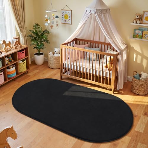 Amearea Black Oval Bedroom Rug 2.6 x 5.3 ft Non-Slip Memory Foam Bedside Mat