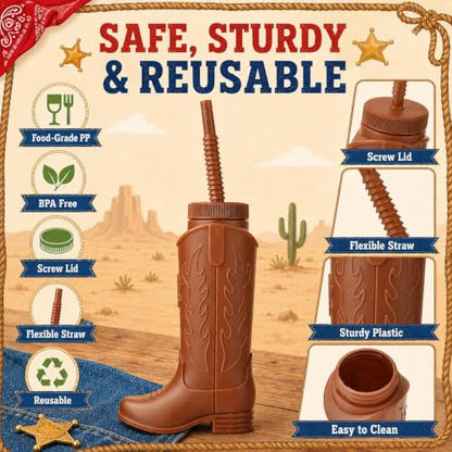 Brown Cowboy Boot Cups with Lids & Straws - 11oz Western Party Set - 12 Pack
