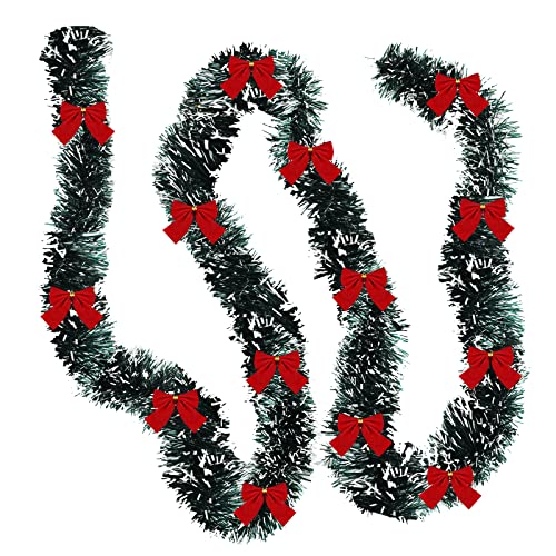 Christmas Tinsel Garland with Red Bows - Bow Style, 19.7 Feet