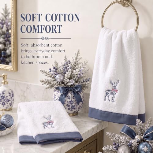 Chinoiserie Reindeer Hand Towels - Blue and White Christmas Decor, Set of 2