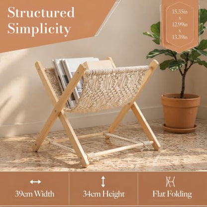 Wood Frame Magazine Rack with Cotton Rope Strap - Space Saving Folding Book Holder