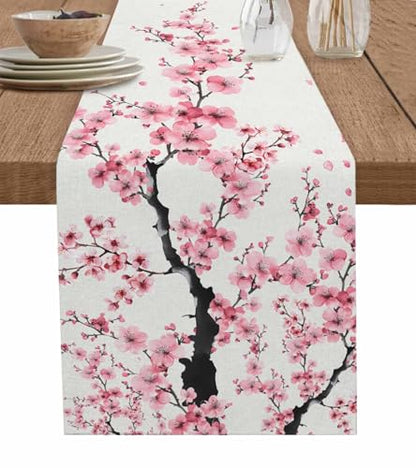 Japanese Style Cherry Blossom Table Runner 13x72 Inches Cotton Linen Burlap Pink