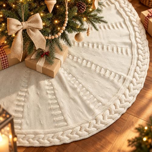 White 48 Inch Cream Knit Christmas Tree Skirt for 7-7.5 FT Trees, Boho Cable Knit Xmas Decor