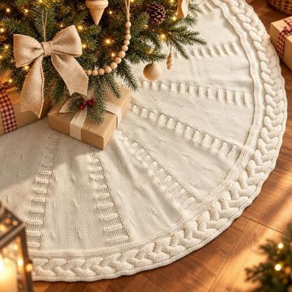 White 48 Inch Cream Knit Christmas Tree Skirt for 7-7.5 FT Trees, Boho Cable Knit Xmas Decor