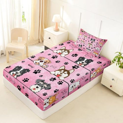 Manfei Pink Dog Fitted Sheet Twin Size Paw Print Kids Bedding Set - Deep Pocket, 2 Pieces