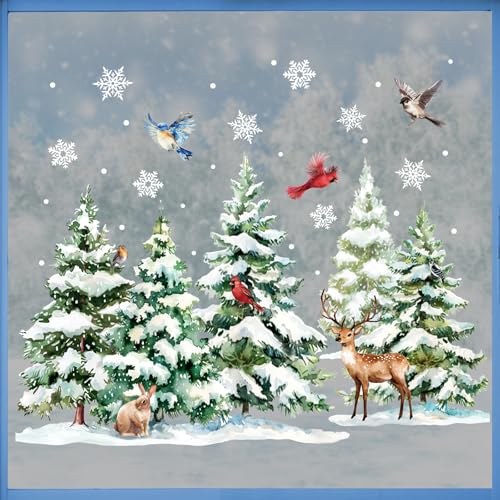 Winter Forest Animals Window Clings - Snowy Pine Trees & Birds Decor