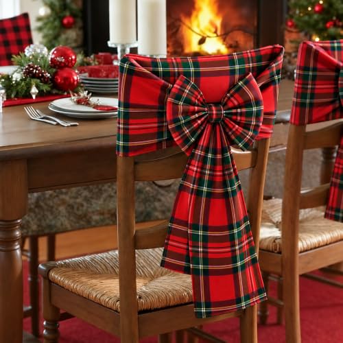 Christmas Bow Chair Back Covers - Red & Green Plaid Linen Holiday Seat Slipcovers with Adjustable Bows - Set of 4
