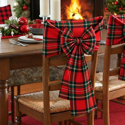 Christmas Bow Chair Back Covers - Red & Green Plaid Linen Holiday Seat Slipcovers with Adjustable Bows - Set of 4