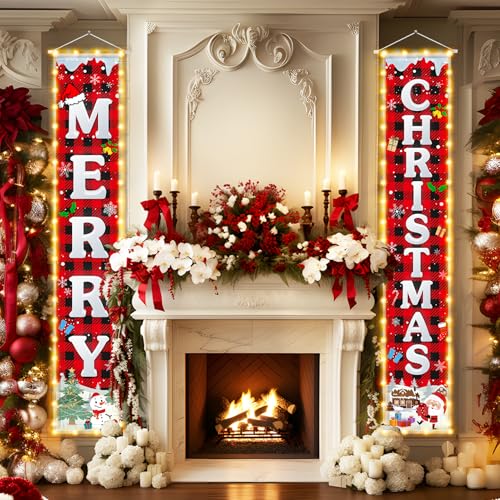 Outdoor Christmas Decorations Banner with String Lights - Merry Christmas Welcome Sign, 70 Inch Festive Yard & Door Decor