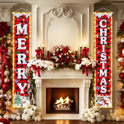 Outdoor Christmas Decorations Banner with String Lights - Merry Christmas Welcome Sign, 70 Inch Festive Yard & Door Decor