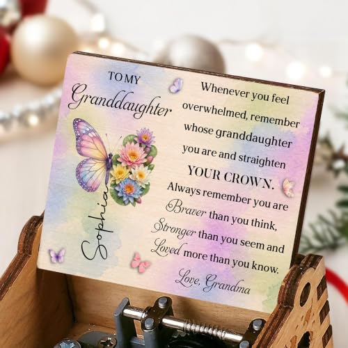 Personalized Granddaughter Music Box - Birth Month Butterfly Keepsake from Grandma, Custom Engraved Gift for Adult