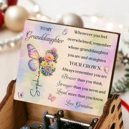 Personalized Granddaughter Music Box - Birth Month Butterfly Keepsake from Grandma, Custom Engraved Gift for Adult