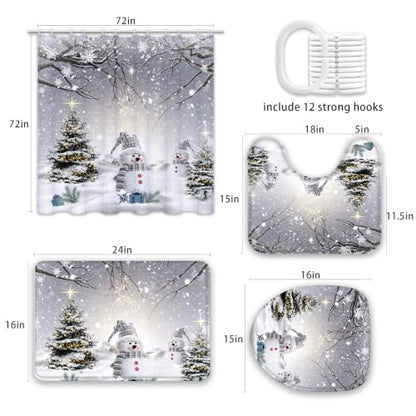 Christmas Snowman Shower Curtain Set - Winter Bathroom Decor, 4 Pieces
