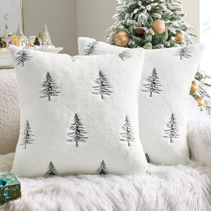 Christmas Faux Fur Pillow Covers 18x18 Inch Set of 2 White Black Holiday Decor