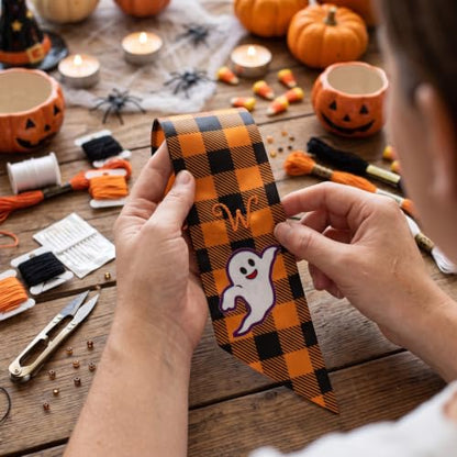 Halloween Wreath Sash for Wreath Orange Buffalo Plaid Ghost Decor Style2