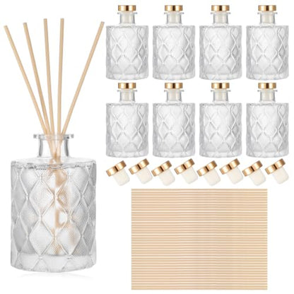 8 Glass Reed Diffuser Bottles with Sticks Set - Refillable Home Fragrance Containers