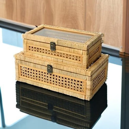 DECOR4SEASON Rattan Stacking Boxes with Glass Top Lid - Set of 2 for Boho Rustic Farmhouse Decor