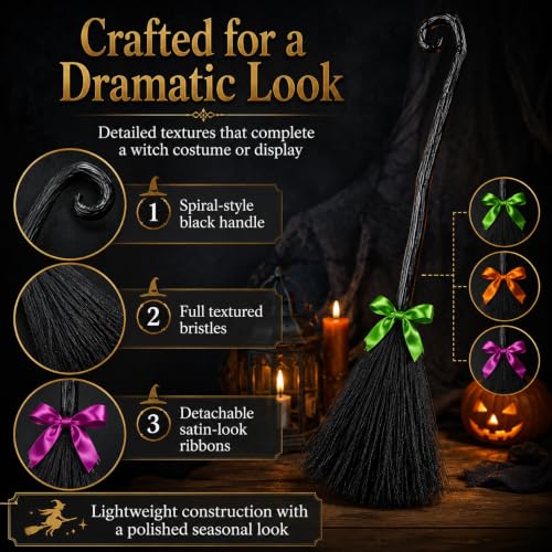 Halloween Witch Broomstick with 3 Ribbons - 50 Inch Costume Prop & Decor Set