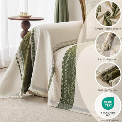Boho Green Couch Cover for Sofa - Washable Pet-Friendly 2 Cushion Size