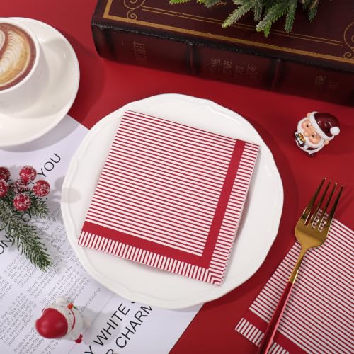 Red Stripe Cocktail Napkins - 50 Pcs Disposable Paper Party Supplies