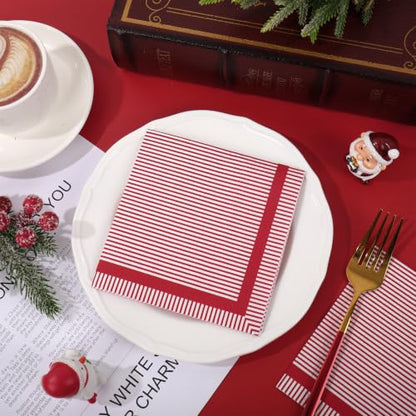 Red Stripe Cocktail Napkins - 50 Pcs Disposable Paper Party Supplies