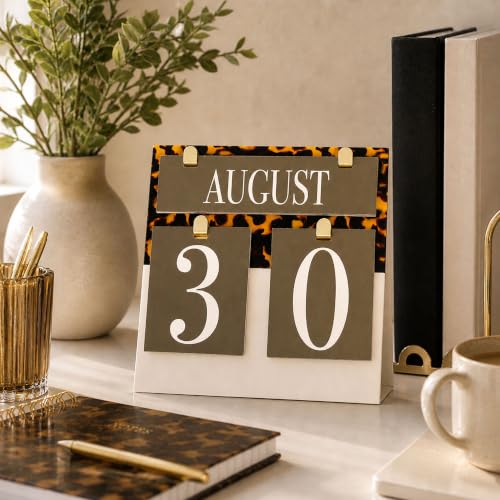 Olive Tortoiseshell Desk Calendar - Reusable Flip Date Cards, Elegant Office Accessory