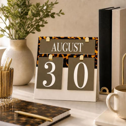 Olive Tortoiseshell Desk Calendar - Reusable Flip Date Cards, Elegant Office Accessory