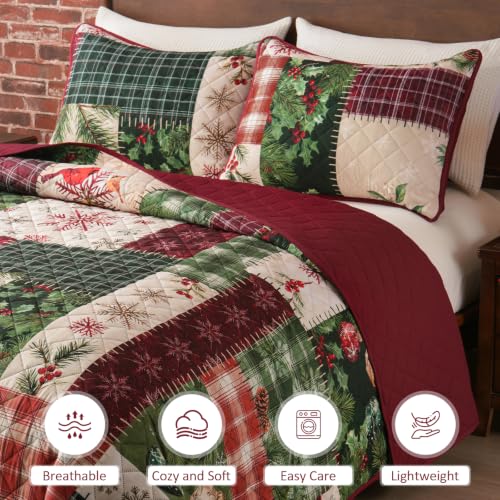 Red King Size Christmas Patchwork Quilt Bedding Set with Pillow Shams