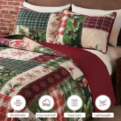 Red King Size Christmas Patchwork Quilt Bedding Set with Pillow Shams