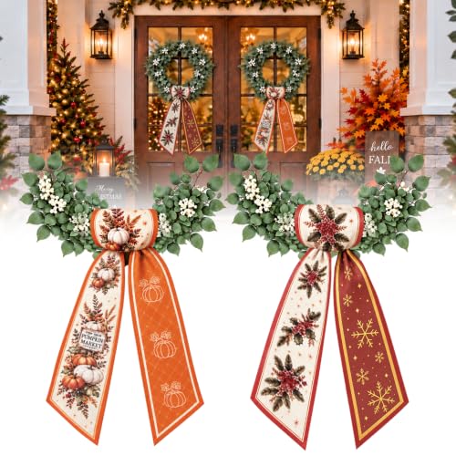 2 Pack Fall & Christmas Wreath Sash - Seasonal Ribbon Decor 52" Satin