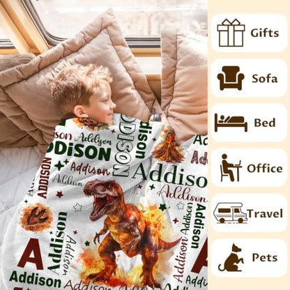 Personalized Dinosaur Blanket for Boys - Maroon, 4 Sizes Custom Gift