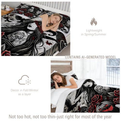 Halloween Gothic Quilt Set with Witch Rose Design - Full/Queen, Lightweight Bedding