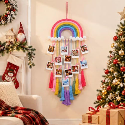 Rainbow Macrame Photo Display with LED String Lights - Boho Wall Decor