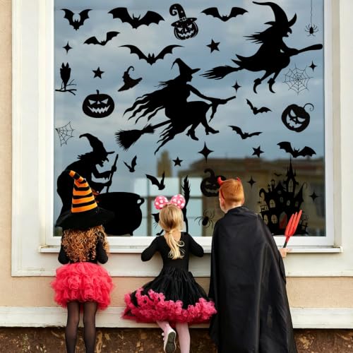 Castle Halloween Window Clings Set - Large Witch Bats Decor for Windows, Black, 6 Sheets - Variation: Castle