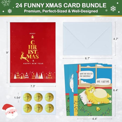 3-Cartoon Christmas Funny Pet Card Set - 24 Holiday Greeting Cards with Envelopes & Seals