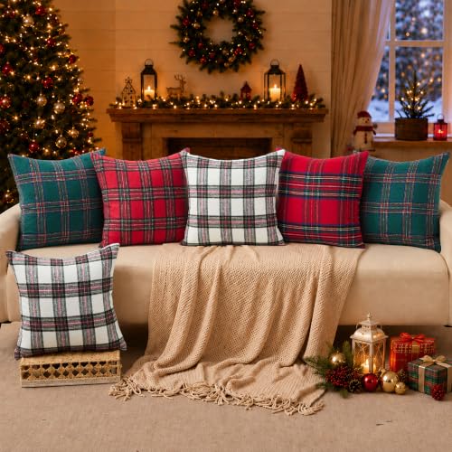 Christmas Plaid Pillow Covers Set - Green 18x18 Inches, Pack of 2