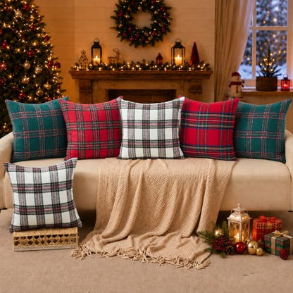 Christmas Plaid Pillow Covers Set - Green 18x18 Inches, Pack of 2