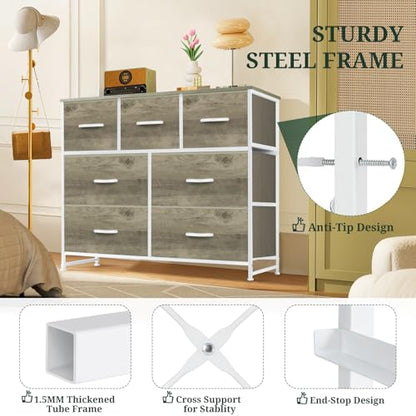 7-Drawer Dresser for Bedroom, Anti-Tip Wide Storage Organizer Fabric Chest of Drawers TV Stand for 45" TV with Wooden Top and Metal Frame for Closet, Living Room, Hallway, Entryway, Greige Oak
