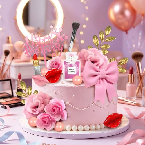 Makeup Cake Topper Set with Artificial Roses and Clay Lipstick for Birthday & Spa Parties