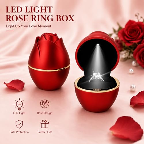 Rose LED Ring Box with Auto Light - Red Proposal Engagement Gift