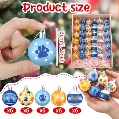 Blue Dog Paw Christmas Ball Ornaments - 36 Pcs Mini Tree Decorations